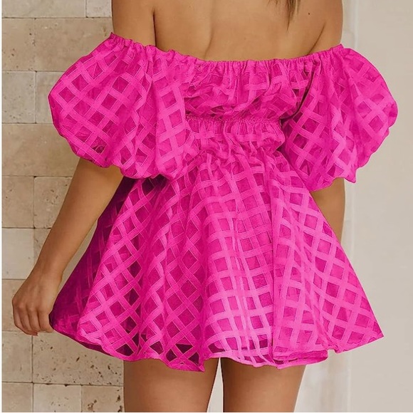 Barbie Pink Off-the-shoulder Puff Sleeve Babydoll Dress - Picture 2 of 3